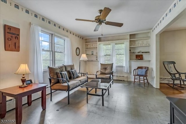 18 Pottersville Rd, Peapack Gladstone Boro, NJ 07934 - living room with baseboard heating, ceiling fan, built in features, and wood finished floors