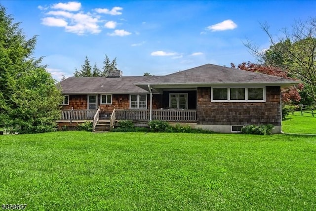 18 Pottersville Rd, Peapack Gladstone Boro, NJ 07934 - rear view of property with a chimney, a deck, a lawn, and a shingled roof
