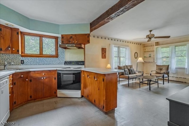 18 Pottersville Rd, Peapack Gladstone Boro, NJ 07934 - kitchen with range with electric cooktop, a peninsula, open floor plan, plenty of natural light, and beam ceiling