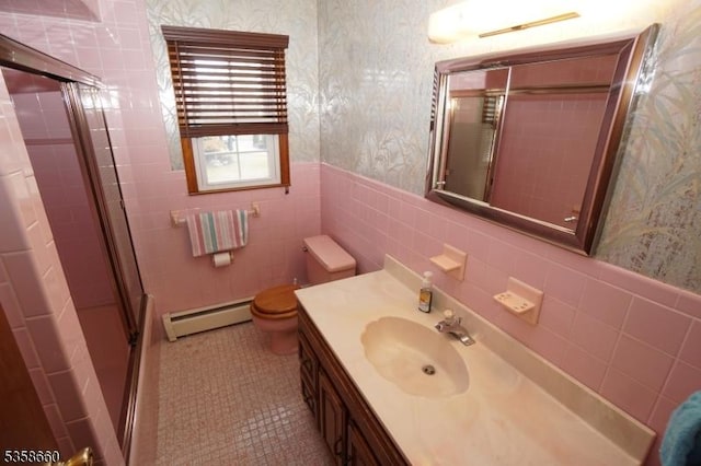 293 Oak Ridge Rd, Clark Twp, NJ 07066 - bathroom with a baseboard heating unit, tile walls, wallpapered walls, an enclosed shower, and wainscoting