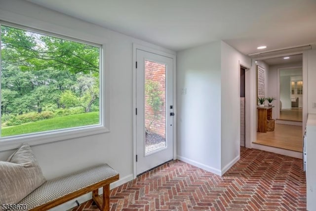 25 Highland Ave, Peapack Gladstone Boro, NJ 07931 - entryway featuring brick floors, baseboards, healthy amount of natural light, and recessed lighting