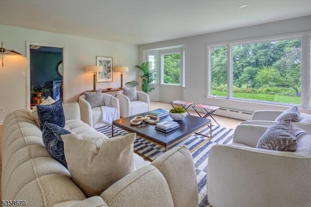 25 Highland Ave, Peapack Gladstone Boro, NJ 07931 - living room with wood finished floors, a baseboard heating unit, and recessed lighting