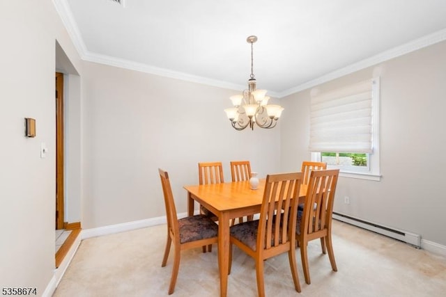 218 Santa Fe Trl, Hopatcong Boro, NJ 07843 - dining area with a baseboard heating unit, crown molding, a chandelier, light colored carpet, and baseboards