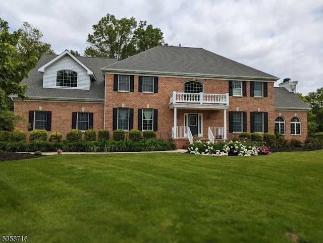 236 Berkley Ave, Montgomery Twp, NJ 08502 - colonial-style house with a front lawn, brick siding, a balcony, a shingled roof, and a chimney