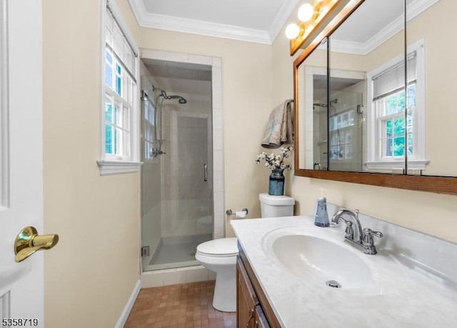 4-A Southview Rd, Randolph Twp, NJ 07869 - bathroom with a shower stall, toilet, vanity, crown molding, and baseboards