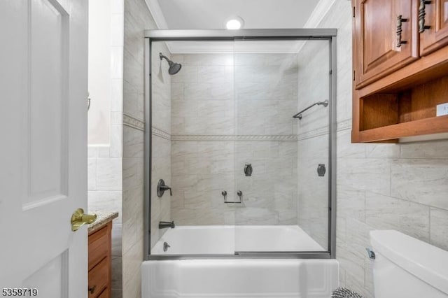 4-A Southview Rd, Randolph Twp, NJ 07869 - bathroom with tile walls, enclosed tub / shower combo, toilet, and ornamental molding