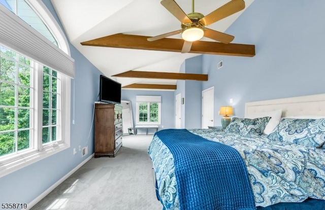 4-A Southview Rd, Randolph Twp, NJ 07869 - bedroom with light colored carpet, high vaulted ceiling, beamed ceiling, ceiling fan, and baseboards