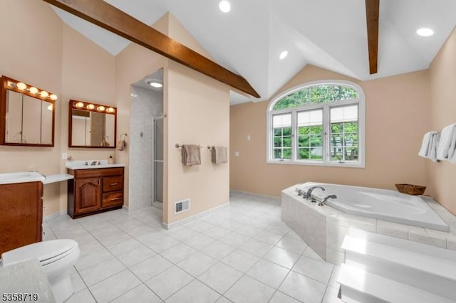 4-A Southview Rd, Randolph Twp, NJ 07869 - full bath with lofted ceiling, vanity, a garden tub, a stall shower, and tile patterned flooring