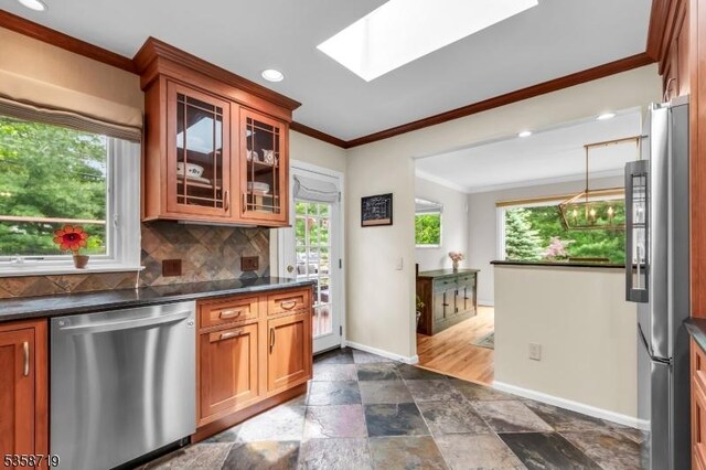 4-A Southview Rd, Randolph Twp, NJ 07869 - kitchen featuring stainless steel appliances, dark countertops, plenty of natural light, baseboards, and ornamental molding