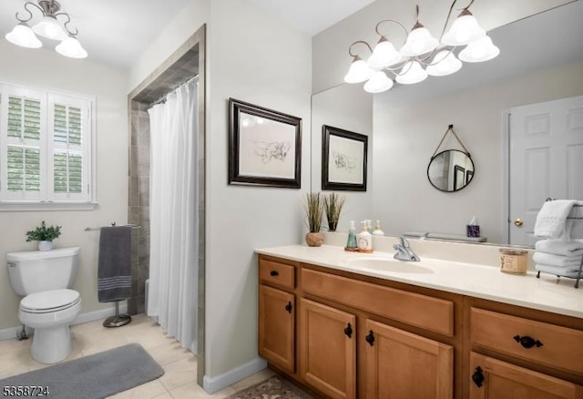 9 Blue Bird Ct, Randolph Twp, NJ 07869 - bathroom with a chandelier, vanity, toilet, tile patterned floors, and a shower with shower curtain