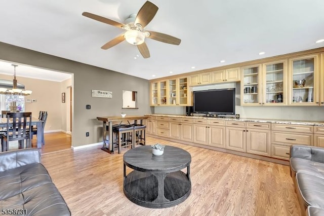 206 Thomas St, Cranford Twp, NJ 07016 - living room with baseboards, recessed lighting, light wood-type flooring, a ceiling fan, and a chandelier
