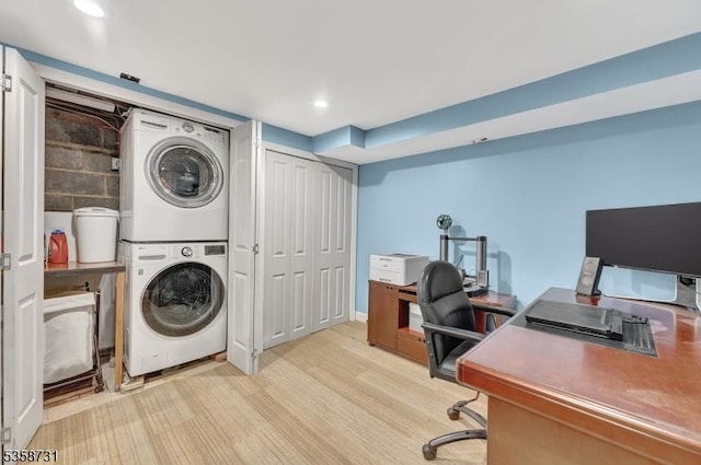 206 Thomas St, Cranford Twp, NJ 07016 - office area featuring stacked washer / dryer, light wood-style floors, and recessed lighting