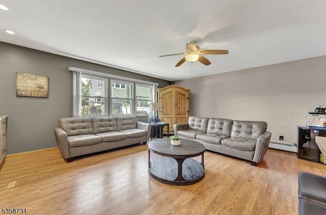 206 Thomas St, Cranford Twp, NJ 07016 - living area featuring ceiling fan, light wood-style floors, baseboard heating, and recessed lighting