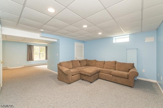 143 Crenshaw Dr, Mount Olive Twp, NJ 07836 - living area featuring a baseboard heating unit, carpet floors, recessed lighting, a paneled ceiling, and baseboards