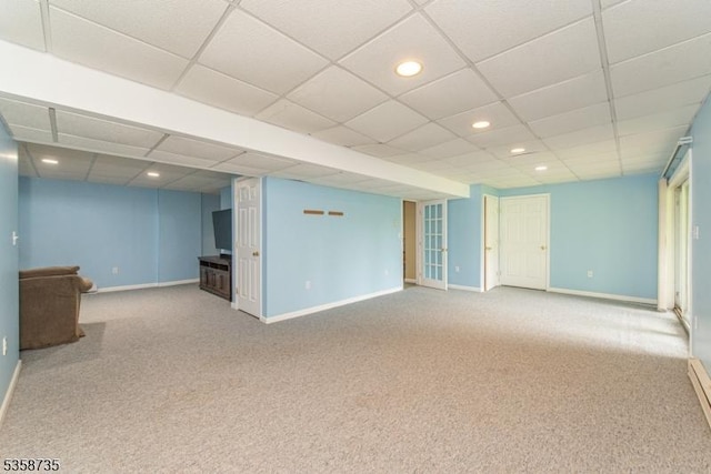 143 Crenshaw Dr, Mount Olive Twp, NJ 07836 - below grade area featuring carpet flooring, recessed lighting, baseboards, and a paneled ceiling