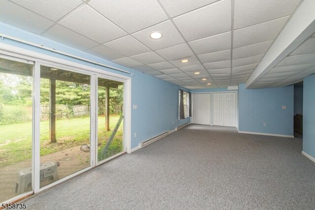 143 Crenshaw Dr, Mount Olive Twp, NJ 07836 - unfurnished room with baseboards, a paneled ceiling, a baseboard heating unit, recessed lighting, and carpet