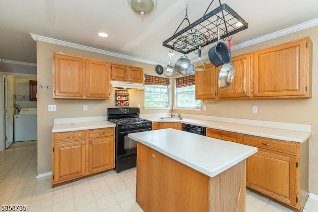 143 Crenshaw Dr, Mount Olive Twp, NJ 07836 - kitchen featuring black appliances, washer / clothes dryer, under cabinet range hood, crown molding, and light countertops