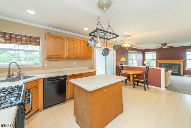 143 Crenshaw Dr, Mount Olive Twp, NJ 07836 - kitchen with black appliances, light floors, a sink, a ceiling fan, and a kitchen island