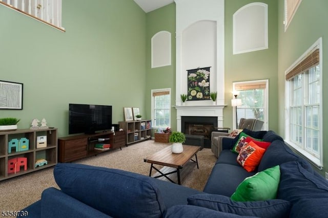 3 Firestone Ct, Montgomery Twp, NJ 08558 - carpeted living area with a towering ceiling and a fireplace