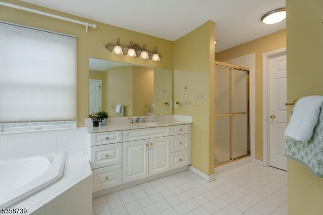 3 Firestone Ct, Montgomery Twp, NJ 08558 - bathroom featuring a stall shower, vanity, tile patterned floors, a bath, and baseboards