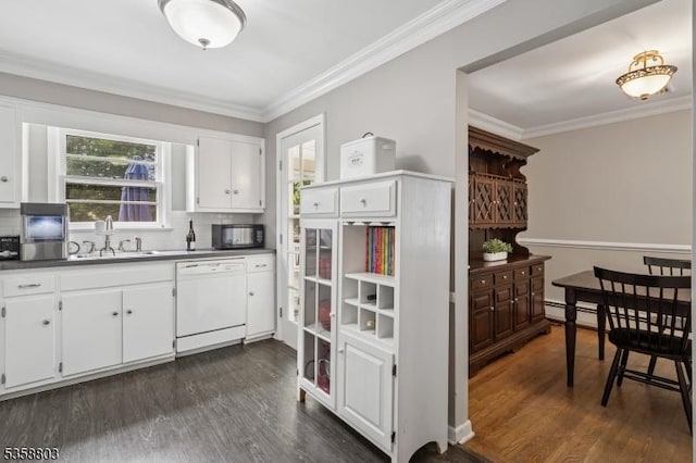 457 Valley Rd, Long Hill Twp, NJ 07933 - kitchen featuring white dishwasher, ornamental molding, white cabinetry, dark wood-style flooring, and decorative backsplash