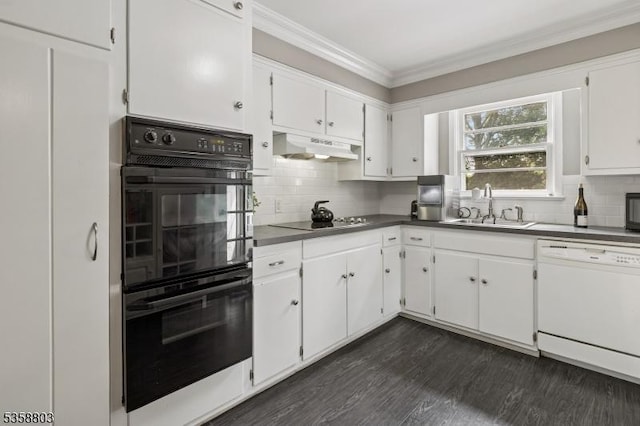 457 Valley Rd, Long Hill Twp, NJ 07933 - kitchen featuring black appliances, under cabinet range hood, crown molding, white cabinetry, and tasteful backsplash