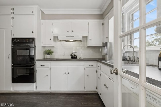 457 Valley Rd, Long Hill Twp, NJ 07933 - kitchen featuring black appliances, ornamental molding, white cabinets, and dark countertops