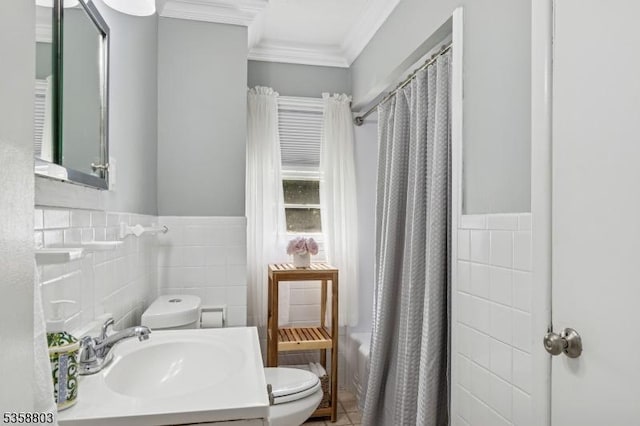 457 Valley Rd, Long Hill Twp, NJ 07933 - bathroom with tile walls, ornamental molding, a shower with shower curtain, and wainscoting