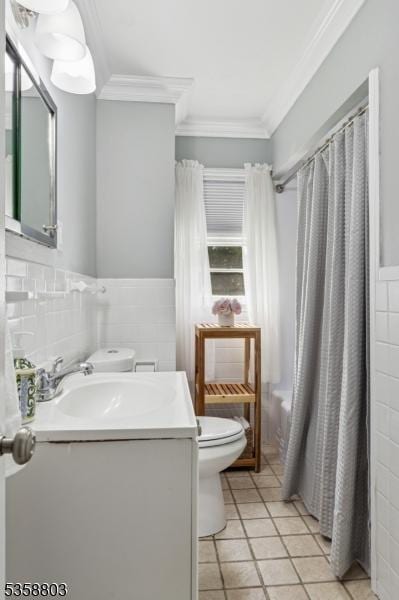 457 Valley Rd, Long Hill Twp, NJ 07933 - full bath with crown molding, tile walls, vanity, a shower with curtain, and tile patterned flooring