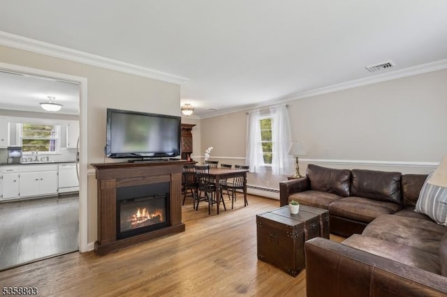 457 Valley Rd, Long Hill Twp, NJ 07933 - living room featuring plenty of natural light, ornamental molding, light wood-style flooring, and a glass covered fireplace