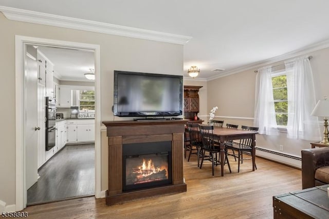 457 Valley Rd, Long Hill Twp, NJ 07933 - living room featuring ornamental molding, a baseboard heating unit, wood finished floors, and a glass covered fireplace