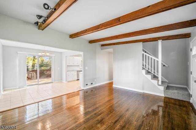 132 Hiawatha Blvd, Oakland Boro, NJ 07436 - unfurnished living room with a chandelier, baseboards, wood finished floors, stairs, and beamed ceiling
