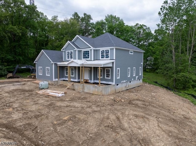 1 Lourdes Ct, Andover Twp, NJ 07821 - view of front of home with a porch, a shingled roof, and view of wooded area