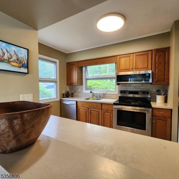 110 Lower N Shore Rd, Frankford Twp, NJ 07826 - kitchen featuring stainless steel appliances, brown cabinets, a sink, backsplash, and crown molding