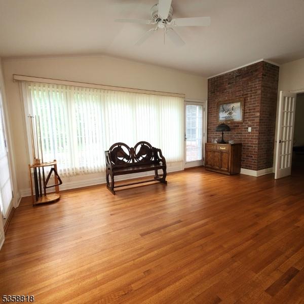 15 Hemlock Ave, Frankford Twp, NJ 07826 - sitting room featuring light wood finished floors, a ceiling fan, lofted ceiling, and baseboards