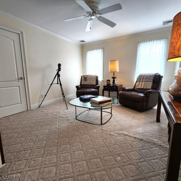 15 Hemlock Ave, Frankford Twp, NJ 07826 - carpeted living area featuring ornamental molding, baseboards, and a ceiling fan
