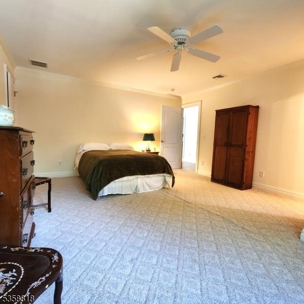 15 Hemlock Ave, Frankford Twp, NJ 07826 - bedroom with crown molding, light colored carpet, baseboards, and ceiling fan