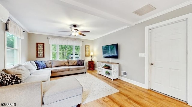 6 County Road 579, East Amwell Twp, NJ 08551 - living area featuring crown molding, light wood-style floors, ceiling fan, and baseboards