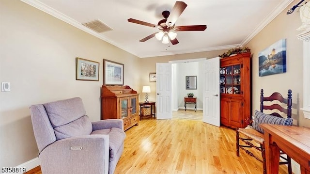 6 County Road 579, East Amwell Twp, NJ 08551 - living area featuring a ceiling fan, ornamental molding, light wood-style floors, and baseboards