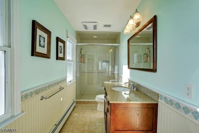599 Point Ave, Brick Twp, NJ 08724 - bathroom with toilet, vanity, a shower stall, and tile patterned flooring