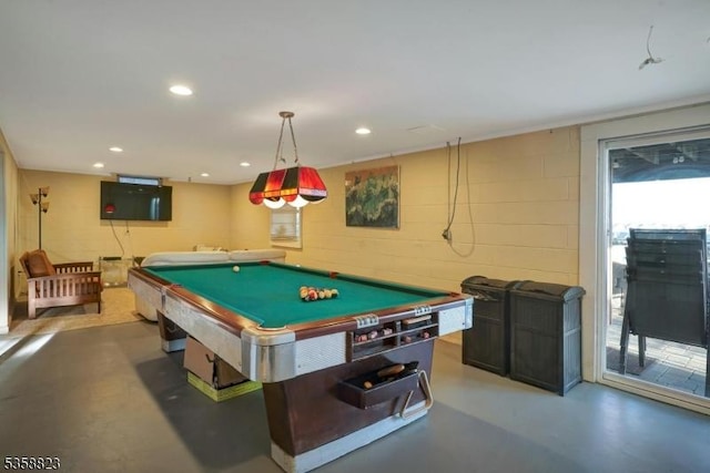 599 Point Ave, Brick Twp, NJ 08724 - game room featuring concrete flooring, billiards table, concrete block wall, and recessed lighting
