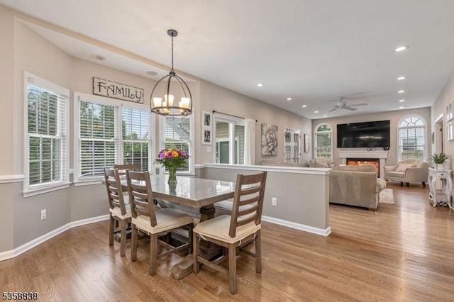411 Arlington Ave, South Plainfield Boro, NJ 07080 - dining space featuring a chandelier, wood finished floors, recessed lighting, baseboards, and a ceiling fan