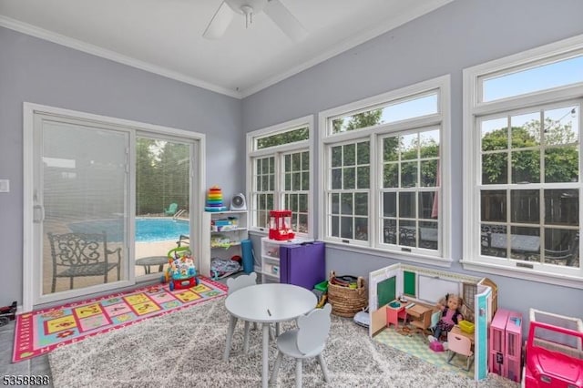 411 Arlington Ave, South Plainfield Boro, NJ 07080 - rec room with ornamental molding and ceiling fan