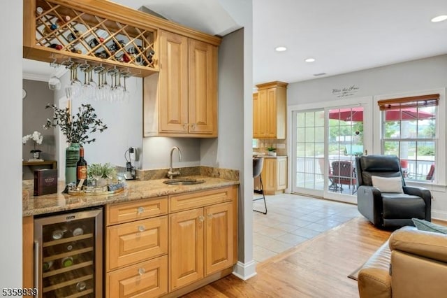 1364 Springfield Ave, New Providence Boro, NJ 07974 - indoor wet bar with beverage cooler, recessed lighting, light wood-style floors, and decorative backsplash