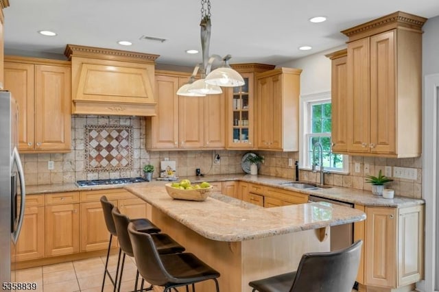 1364 Springfield Ave, New Providence Boro, NJ 07974 - kitchen with premium range hood, appliances with stainless steel finishes, a kitchen island, a breakfast bar area, and light stone counters