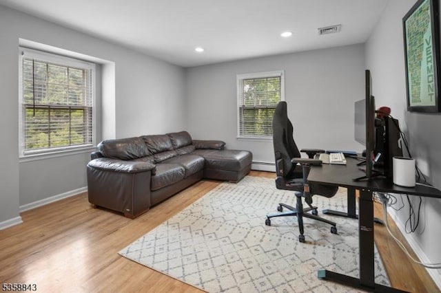 6 Ironia Rd, Chester Twp, NJ 07836 - office area featuring wood finished floors, a baseboard radiator, and recessed lighting