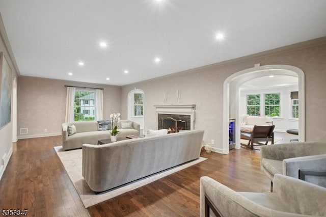 47 Barnsdale Rd, Millburn Twp, NJ 07078 - living area featuring arched walkways, wood finished floors, recessed lighting, crown molding, and a warm lit fireplace