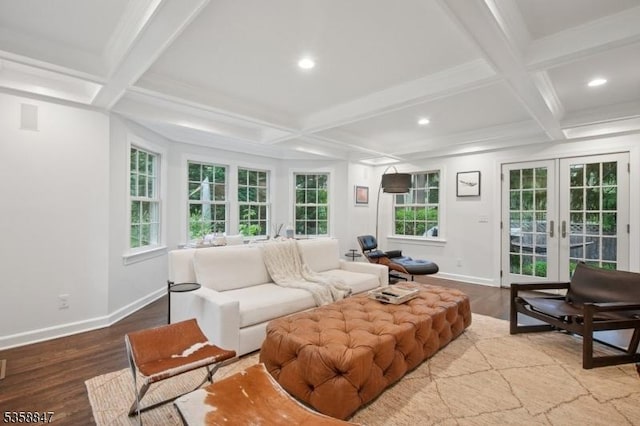 47 Barnsdale Rd, Millburn Twp, NJ 07078 - living area with french doors, coffered ceiling, baseboards, beamed ceiling, and wood finished floors