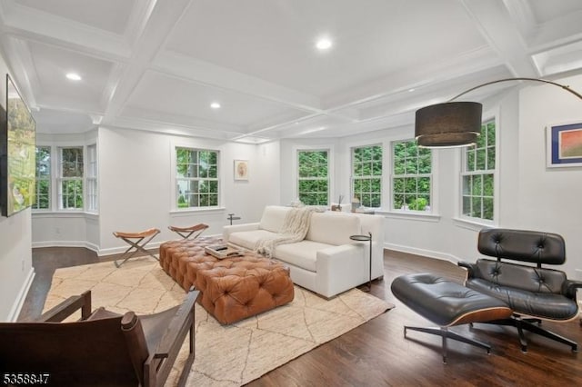 47 Barnsdale Rd, Millburn Twp, NJ 07078 - living room with coffered ceiling, dark wood-type flooring, baseboards, recessed lighting, and beam ceiling
