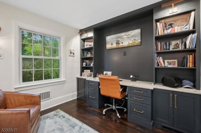 47 Barnsdale Rd, Millburn Twp, NJ 07078 - home office featuring dark wood finished floors, baseboards, built in shelves, and built in desk